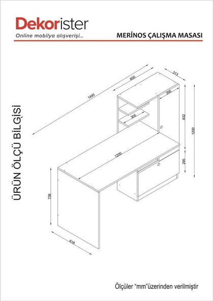 Dekorister Merinos Kitaplıklı Çalışma Masası Beyaz - 8