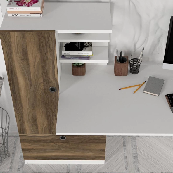 Dekorister Domingos Kitaplıklı Çalışma Masası Beyaz-Ceviz - 6
