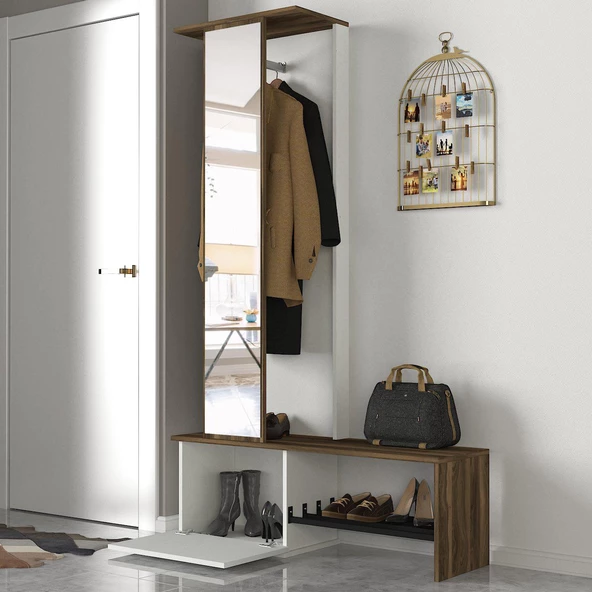 Dekorister Exclusive Ponte Aynalı Portmanto Beyaz-Ceviz - Resim 3