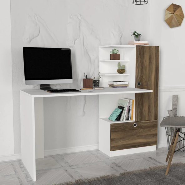 Dekorister Merinos Kitaplıklı Çalışma Masası Beyaz-Ceviz - 2
