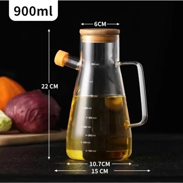 Kapris 2 Adet Bambu Kapaklı Borosilikat Cam Yağlık Sirkelik 900ml 9928 - 3