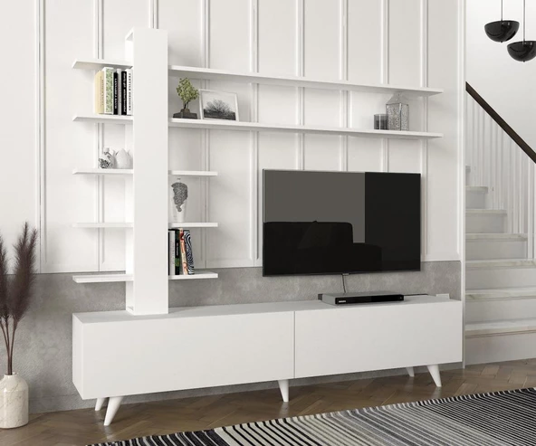 Dekorister Aleyna Duvar Raflı Kitaplıklı Tv Ünitesi Beyaz