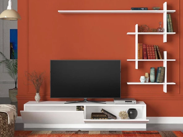 Dekorister Ahenk Duvar Raflı Tv Ünitesi Beyaz - 3