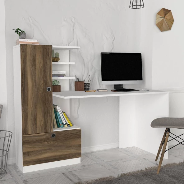 Dekorister Domingos Kitaplıklı Çalışma Masası Beyaz-Ceviz - 2