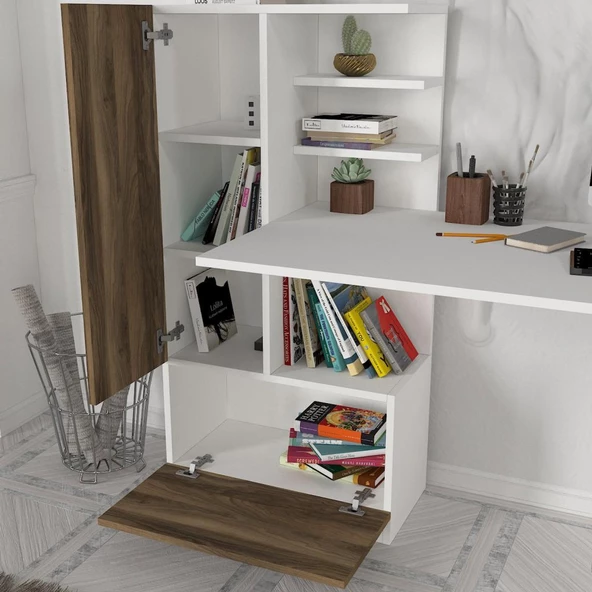 Dekorister Domingos Kitaplıklı Çalışma Masası Beyaz-Ceviz - 5