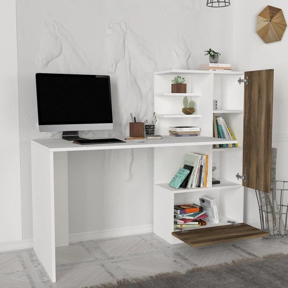 Dekorister Merinos Kitaplıklı Çalışma Masası Beyaz-Ceviz - 3