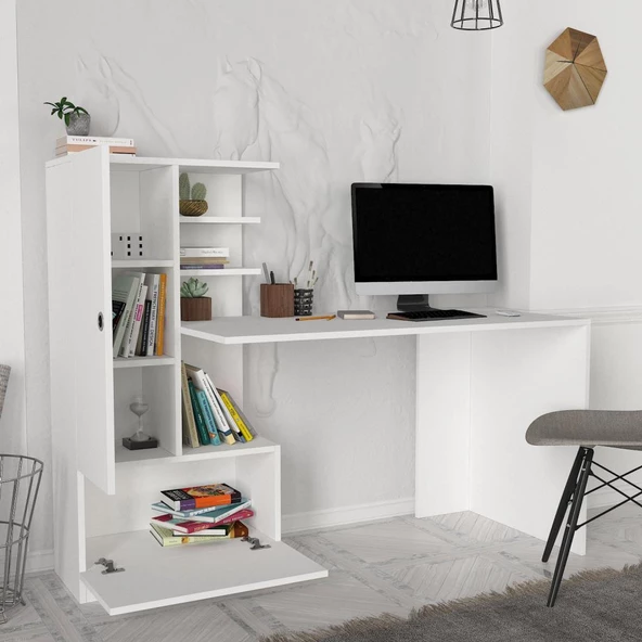 Dekorister Domingos Kitaplıklı Çalışma Masası Beyaz - 3