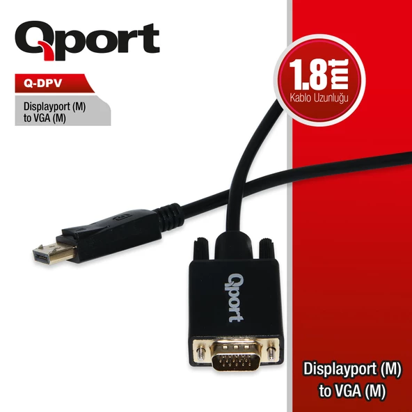 QPORT Q-DPV DISPLAY PORT(M) TO VGA(M) 1.8MT ÇEVİRİCİ KABLO