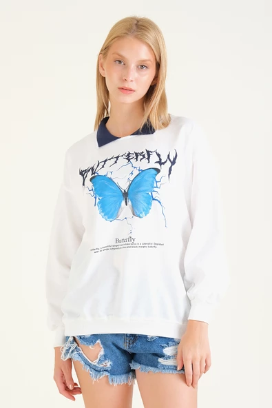 Kadın Kelebek Baskılı Polo Yaka Sweatshirt Lacivert - 3