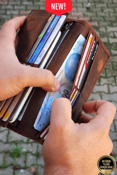 Hakiki Deri Telefon Bölmeli Mıknatıslı Ve Fermuarlı Uzun El Cüzdanı Portföy Kartlık Crazy Kahverengi - Resim 3