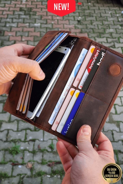 Hakiki Deri Telefon Bölmeli Mıknatıslı Ve Fermuarlı Uzun El Cüzdanı Portföy Kartlık Crazy Kahverengi - Resim 4