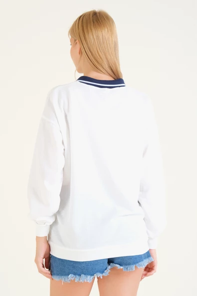 Kadın Kelebek Baskılı Polo Yaka Sweatshirt Lacivert - 6