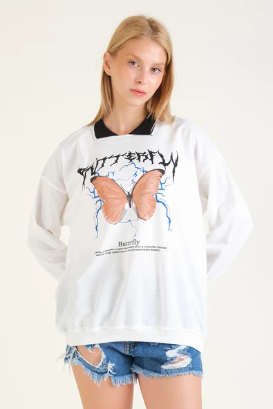 Kadın Kelebek Baskılı Polo Yaka Sweatshirt Siyah - 2