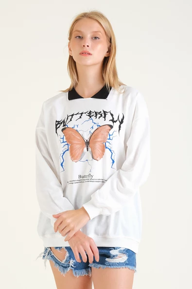 Kadın Kelebek Baskılı Polo Yaka Sweatshirt Siyah - 4