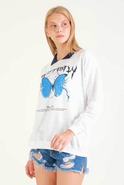 Kadın Kelebek Baskılı Polo Yaka Sweatshirt Lacivert - 5