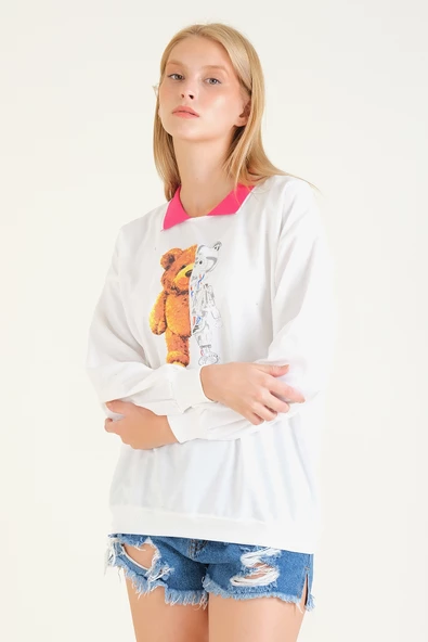 Kadın Baskılı Polo Yaka Sweatshirt Pembe - 3
