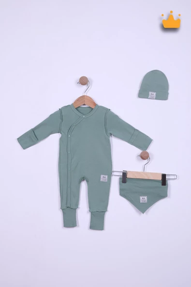 Babyhola 45cm Prematüre Serisi %100 Pamuk Dıştan Dikişli Boydan Çıtçıtlı Tulum Bere Önlük Takım 22432 - 3