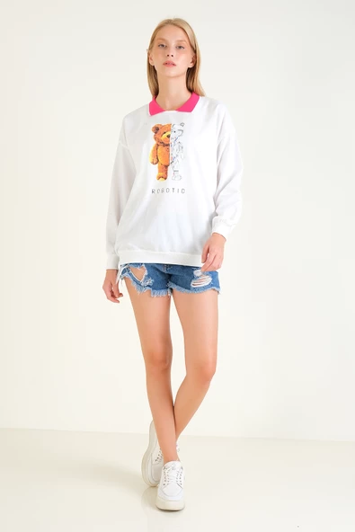 Kadın Baskılı Polo Yaka Sweatshirt Pembe - 5