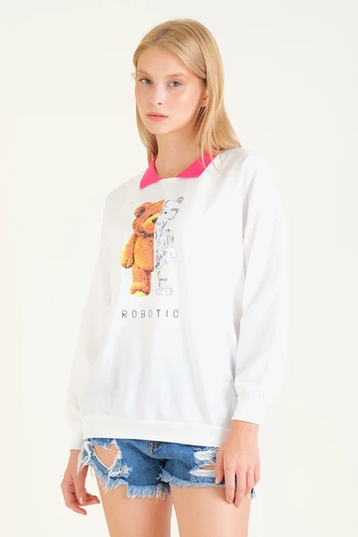 Kadın Baskılı Polo Yaka Sweatshirt Pembe - 2