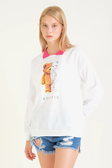 Kadın Baskılı Polo Yaka Sweatshirt Pembe - 4