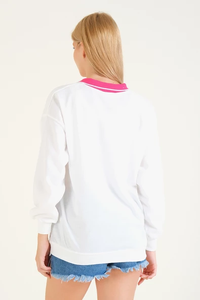 Kadın Baskılı Polo Yaka Sweatshirt Pembe - 6