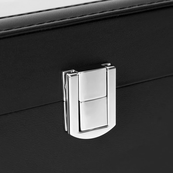 SONGMICS 6 Yuvalı Saat Kutusu, Cam Kapaklı Saat Kılıfı, Kadife Saat Yastıkları, Tokalı Saat Tutucu, 11,2 x 30 x 8 cm, Hediye Fikri, Siyah Suni Deri, Gri Astar JWB06BK - 5