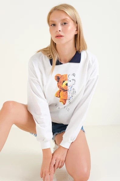 Kadın Baskılı Polo Yaka Sweatshirt Lacivert - 2