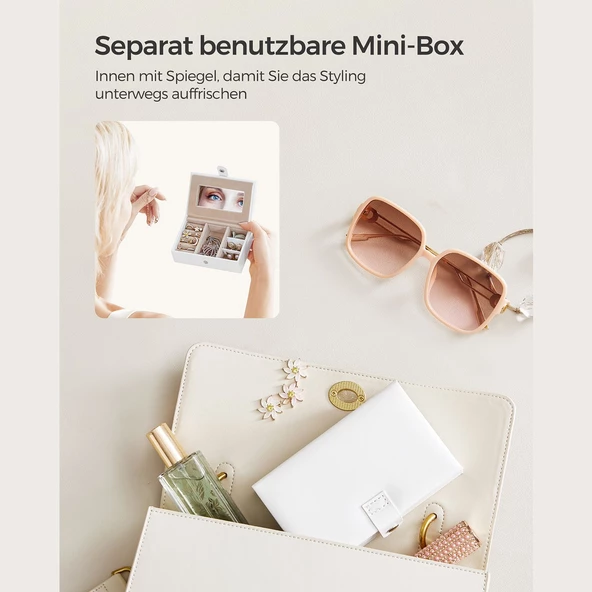 SONGMICS Mücevher Kutusu, 2 Çekmeceli Düzenleyici, Aynalı Kilitlenebilir Çanta, Portatif Seyahat Çantası, Yüzükler, Bilezikler, Küpeler, Kolyeler, Kadife Astar, Hediyelik, Beyaz JBC121W - 4