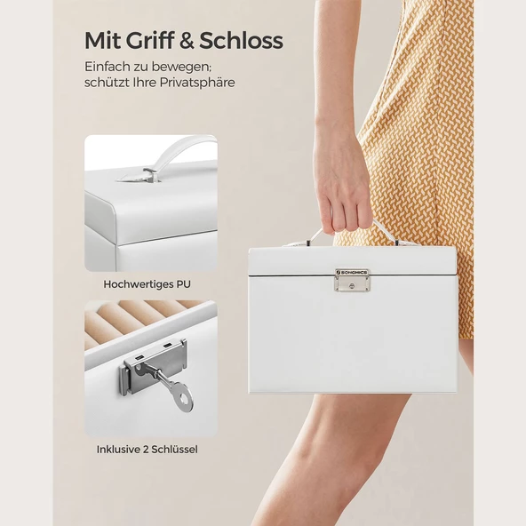 SONGMICS Mücevher Kutusu, 2 Çekmeceli Düzenleyici, Aynalı Kilitlenebilir Çanta, Portatif Seyahat Çantası, Yüzükler, Bilezikler, Küpeler, Kolyeler, Kadife Astar, Hediyelik, Beyaz JBC121W - 5