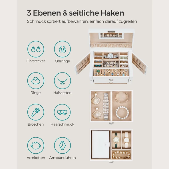 SONGMICS Mücevher Kutusu, 2 Çekmeceli Düzenleyici, Aynalı Kilitlenebilir Çanta, Portatif Seyahat Çantası, Yüzükler, Bilezikler, Küpeler, Kolyeler, Kadife Astar, Hediyelik, Beyaz JBC121W - 3