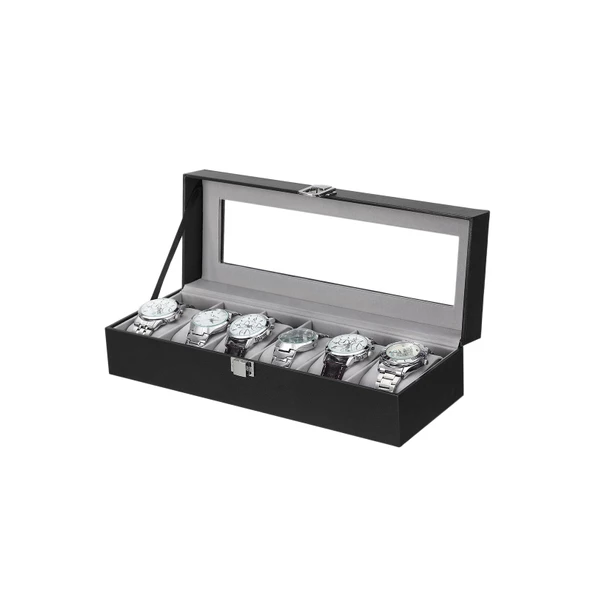 SONGMICS 6 Yuvalı Saat Kutusu, Cam Kapaklı Saat Kılıfı, Kadife Saat Yastıkları, Tokalı Saat Tutucu, 11,2 x 30 x 8 cm, Hediye Fikri, Siyah Suni Deri, Gri Astar JWB06BK - 2