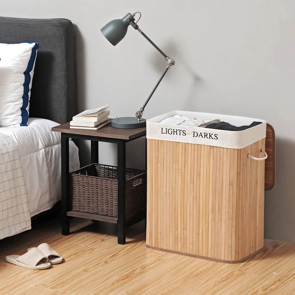 SONGMICS 100L (62,5 x 52 x 32 cm) çamaşır sepeti bambu katlanabilir çamaşır kutusu, 2 bölmeli, çıkarılabilir çamaşır sepeti, çıkarılabilir çamaşır sepeti., Bambu, natürel, LCB64Y - 4