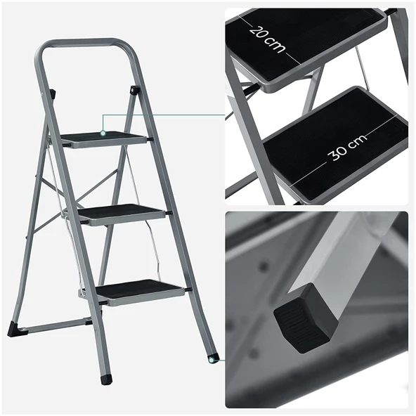 SONGMICS 3 Basamaklı Merdiven, Katlanır Merdiven, Kaymaz Lastikle Kaplı 20 cm Genişliğinde Basamaklar, Lastik Ayaklar, Küpeşte, Max. Statik Yük 150 kg, Çelik, Gri ve Siyah GSL003GY01 - 5