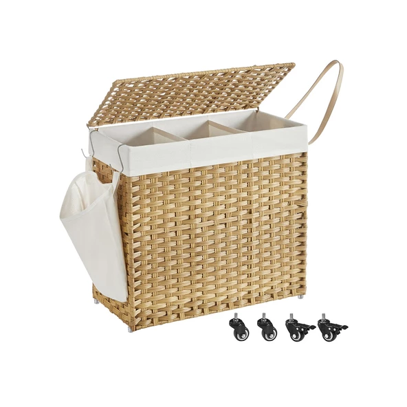 SONGMICS Çamaşır Sepeti, El Dokuması Çamaşır Sepeti, 3 Bölmeli 140L Rattan Tarzı Çamaşır Sepeti, Çıkarılabilir Astar, Kulplar, Kapak, Oturma Odası, Banyo, 66 x 33 x 60 cm, Doğal LCB363N01