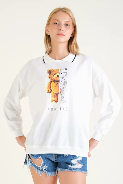 Kadın Baskılı Polo Yaka Sweatshirt Beyaz - 2