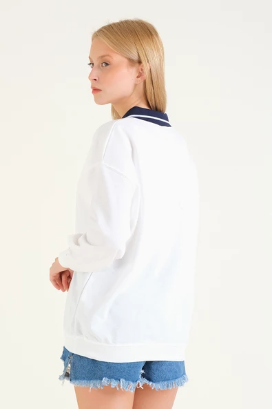 Kadın Baskılı Polo Yaka Sweatshirt Lacivert - 6