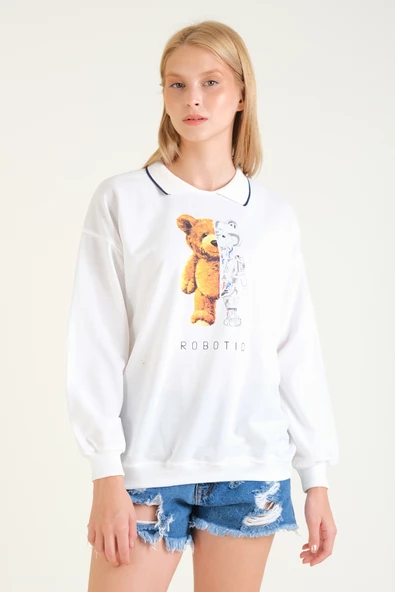 Kadın Baskılı Polo Yaka Sweatshirt Beyaz - 3