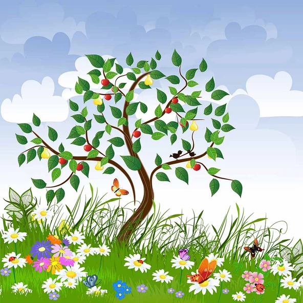 Meyve Ağaçlı Çocuk Odası Duvar Kağıdı Baskı - Resim 5