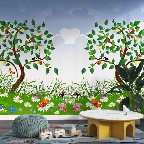 Meyve Ağaçlı Çocuk Odası Duvar Kağıdı Baskı - Resim 3