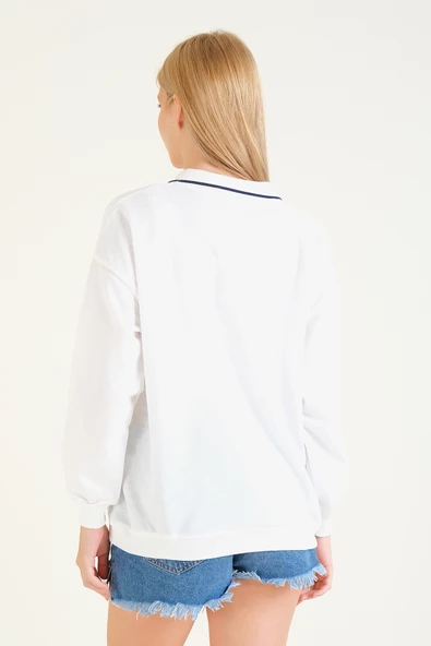 Kadın Baskılı Polo Yaka Sweatshirt Beyaz - 6