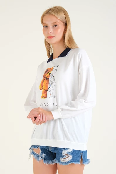 Kadın Baskılı Polo Yaka Sweatshirt Lacivert - 4