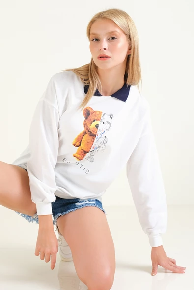 Kadın Baskılı Polo Yaka Sweatshirt Lacivert