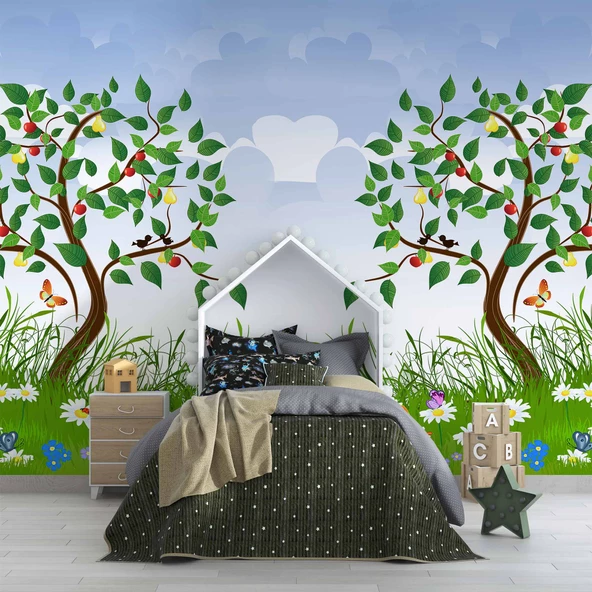 Meyve Ağaçlı Çocuk Odası Duvar Kağıdı Baskı - Resim 4