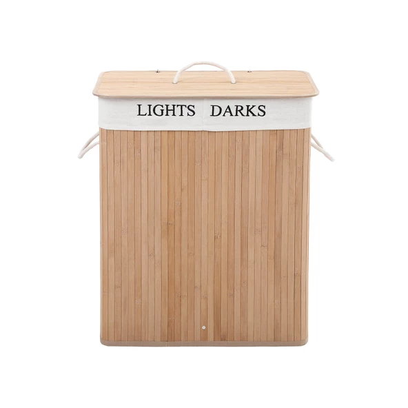 SONGMICS 100L (62,5 x 52 x 32 cm) çamaşır sepeti bambu katlanabilir çamaşır kutusu, 2 bölmeli, çıkarılabilir çamaşır sepeti, çıkarılabilir çamaşır sepeti., Bambu, natürel, LCB64Y - 2