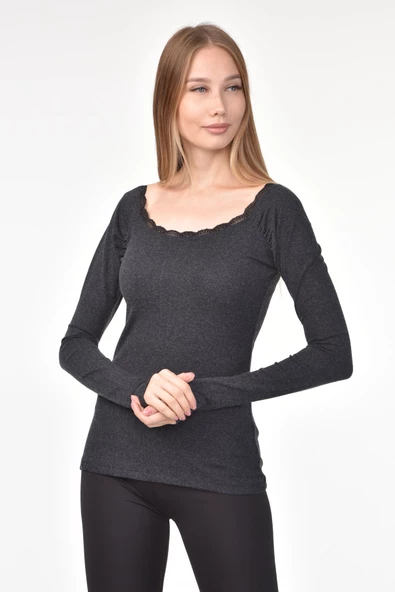 DRR Moda Yaka Dantelli Büzgülü Reglan Kol Bluz - 4