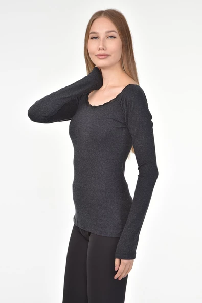 DRR Moda Yaka Dantelli Büzgülü Reglan Kol Bluz - 5