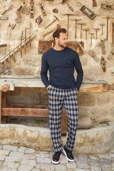 Aydoğan Erkek Berk Jakarlı Kışlık Lacivert Pijama Takım 3380 - 2