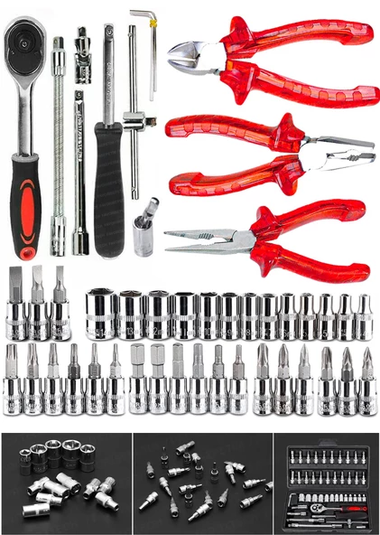 49 Parça Mini Lokma Takımı Otomatik Cırcırlı 1/4"  Pense Kargaburun Yankeski Kombinasyon Alet Seti - 1
