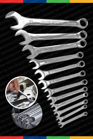 Chrome Vanadium Çelik Profesyonel Güçlü Sağlam 12 Parça Kombine Açık Ağız-Yıldız Anahtar PAKET SET - Resim 2