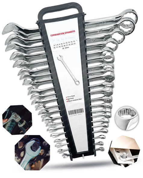 FULL TAKIM Tam Profesyonel  Chrome Vanadium Çelik 21PCS (6-32) Kombine Açık Ağız-Yıldız Anahtar Set ürün görseli
